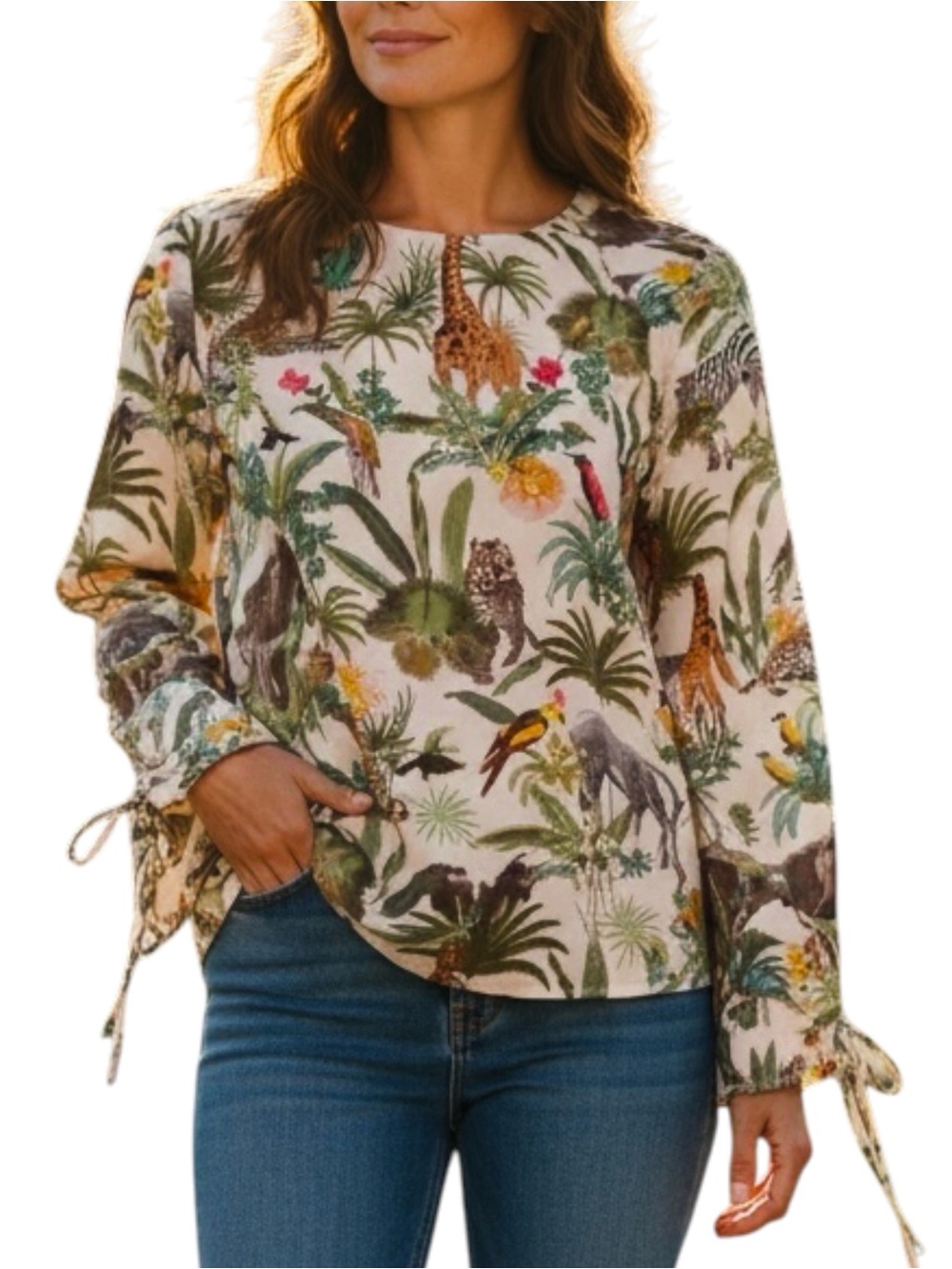 Marc Cain Silk Blend Vibrant Jungle Animal Print Top w/ Ruched Sleeves - Size 12